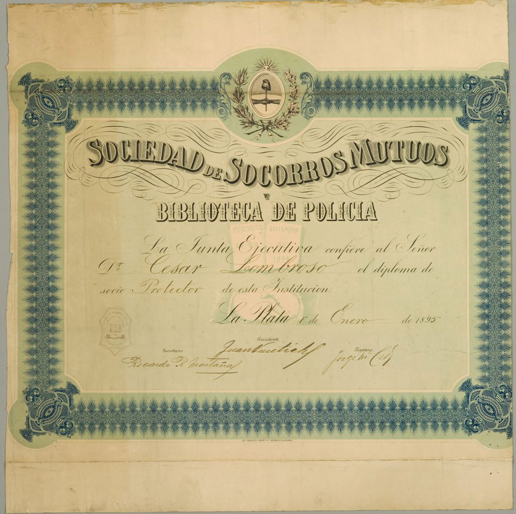 Diploma di socio protettore della Società di mutuo soccorso e Biblioteca di Polizia di La Plata (Argentina), 1° gennaio 1895